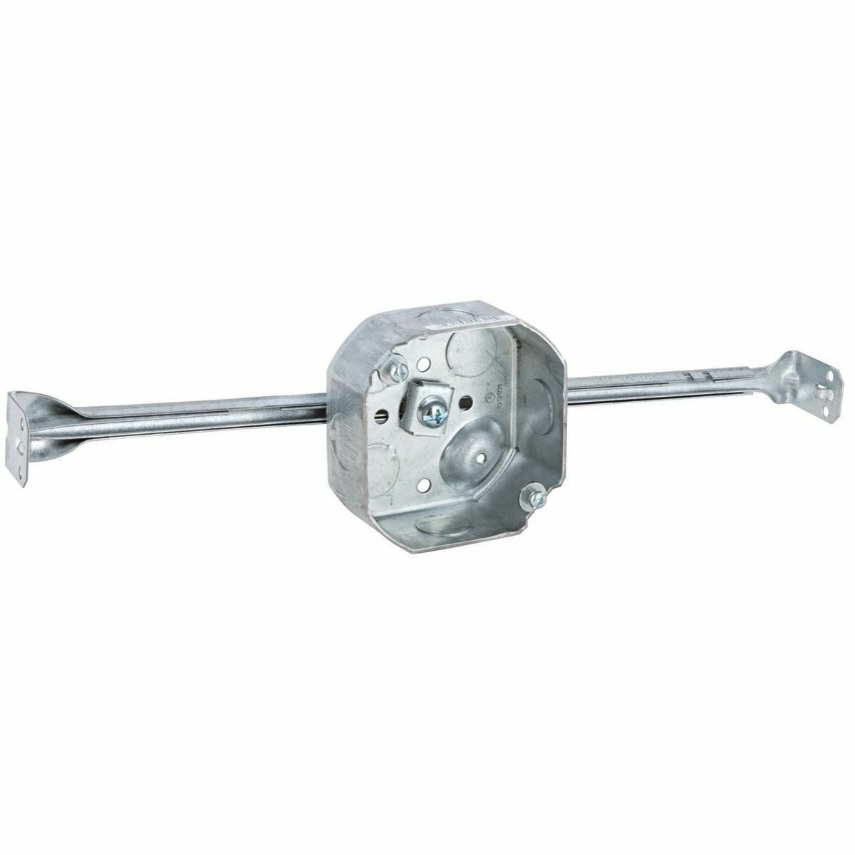 RACO RACO 324 4 In. Octagon Box, Drawn, 1-1/2 In. Deep, (7) 1/2 KO's, Raised Ground, w/ Bar Hanger