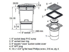 AQUASTAR POOL PRODUCTS AquaStar WAV9WR101F AquaStar 9 Wave Anti-Entrapment Suction Outlet Cover & Vented Riser Ring and Double/Deep Frame with 6 Inch Socket Sump Bucket