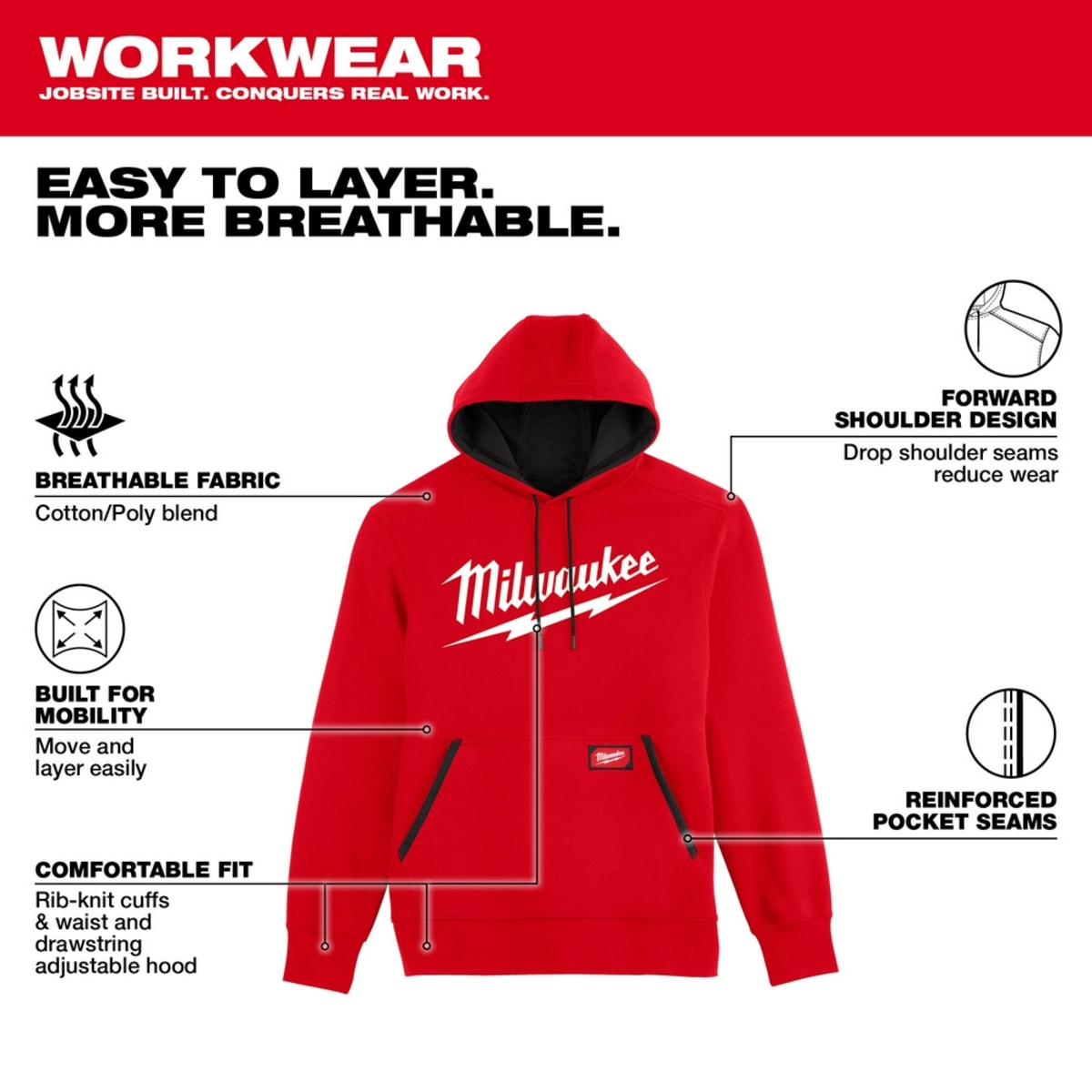 MILWAUKEE Milwaukee Tool 352R-L Midweight Pullover Hoodie - Red L