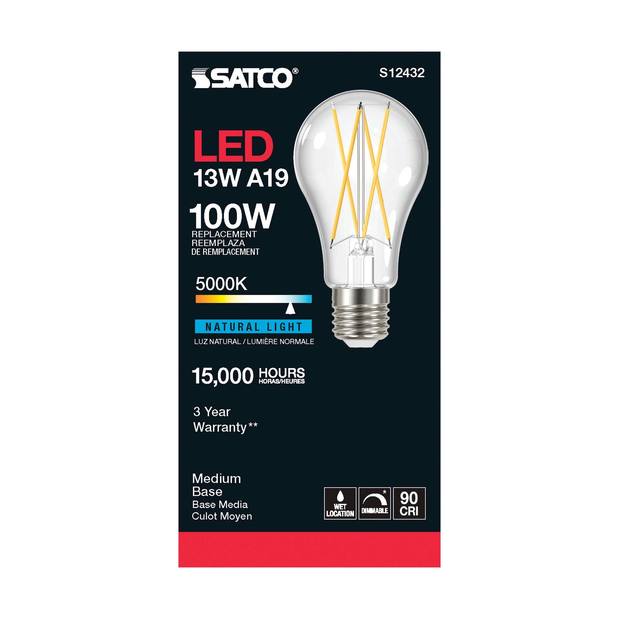 SATCO-NUVO Satco S12432 12.5 Watt LED A19 Lamp - Clear Medium Base 5000K 90 CRI