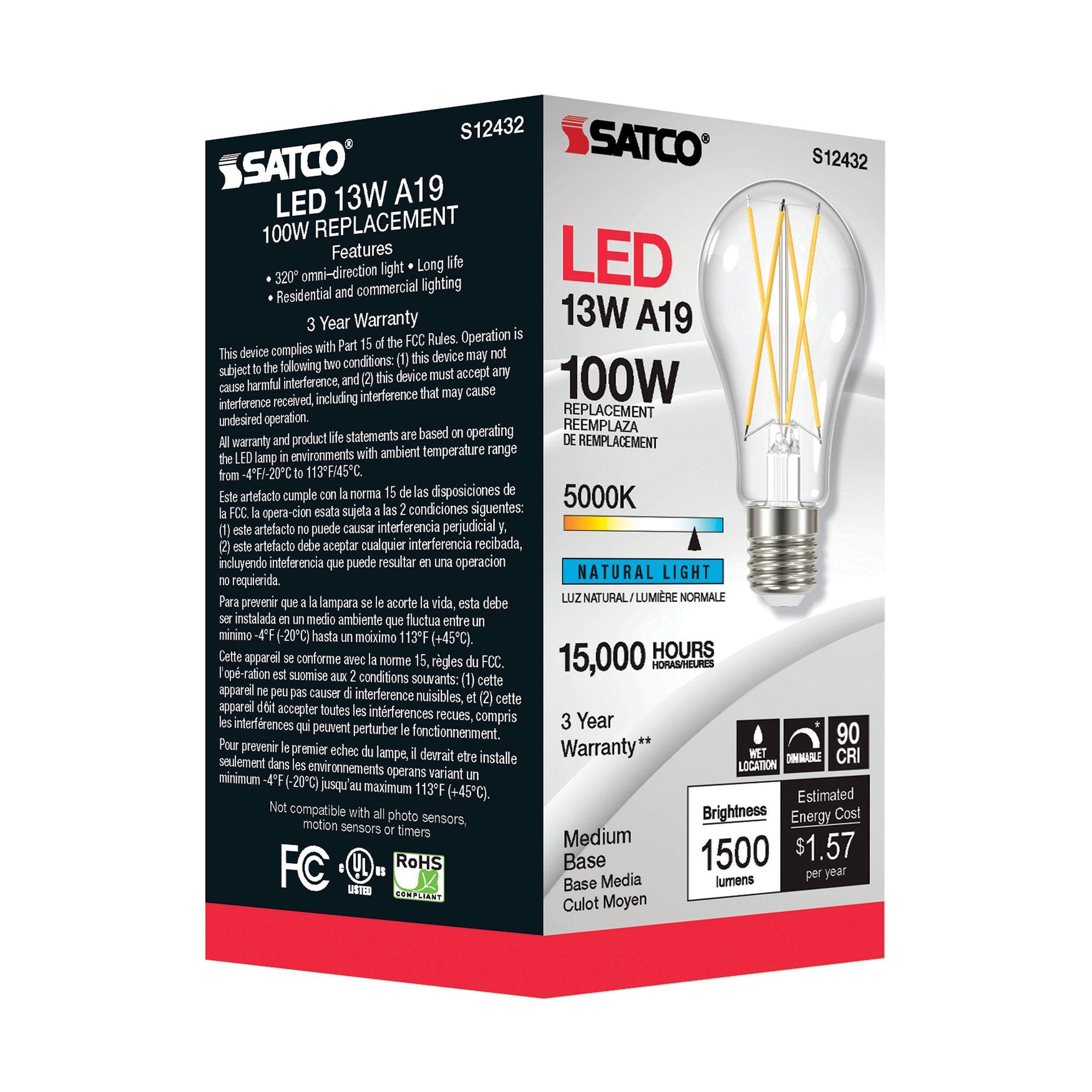 SATCO-NUVO Satco S12432 12.5 Watt LED A19 Lamp - Clear Medium Base 5000K 90 CRI