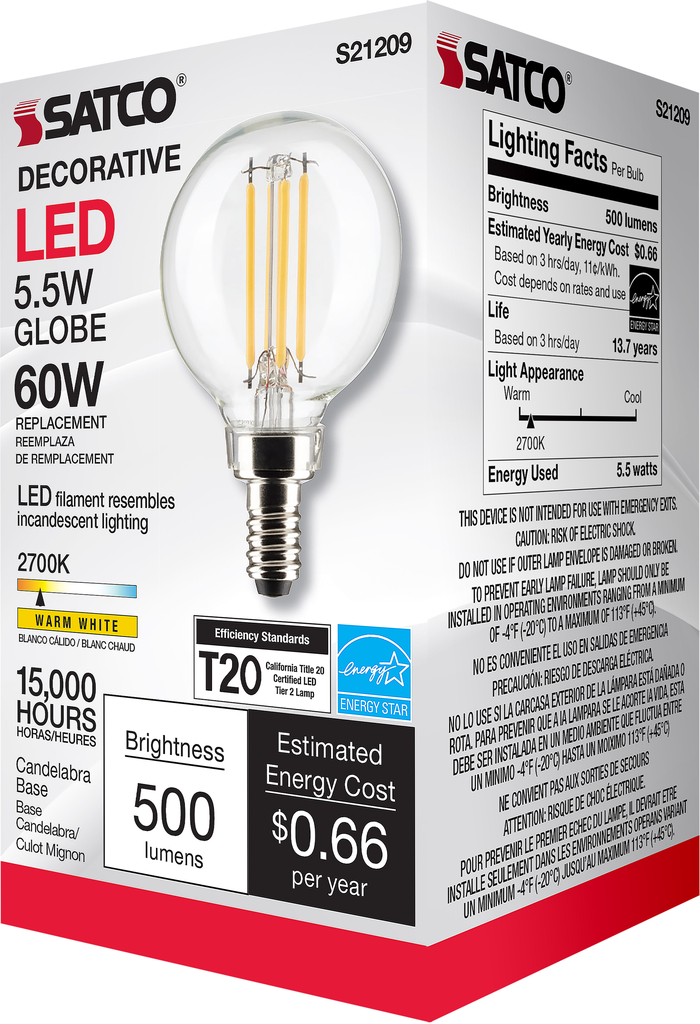 SATCO-NUVO Satco S21209 5.5G16.5 LED Lamp Candelabra Base Warm White