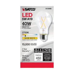 SATCO-NUVO Satco S12408 5 Watt LED A19 Clear Medium Base 2700K 90 CRI 120 Volt