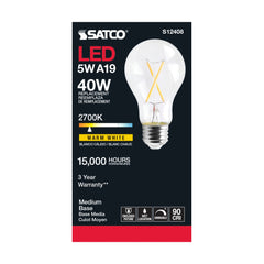 SATCO-NUVO Satco S12408 5 Watt LED A19 Clear Medium Base 2700K 90 CRI 120 Volt