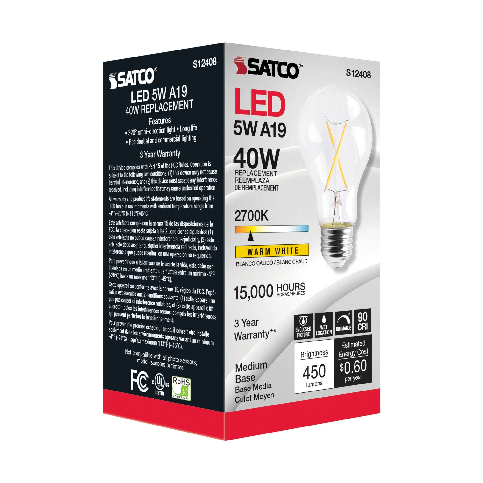 SATCO-NUVO Satco S12408 5 Watt LED A19 Clear Medium Base 2700K 90 CRI 120 Volt