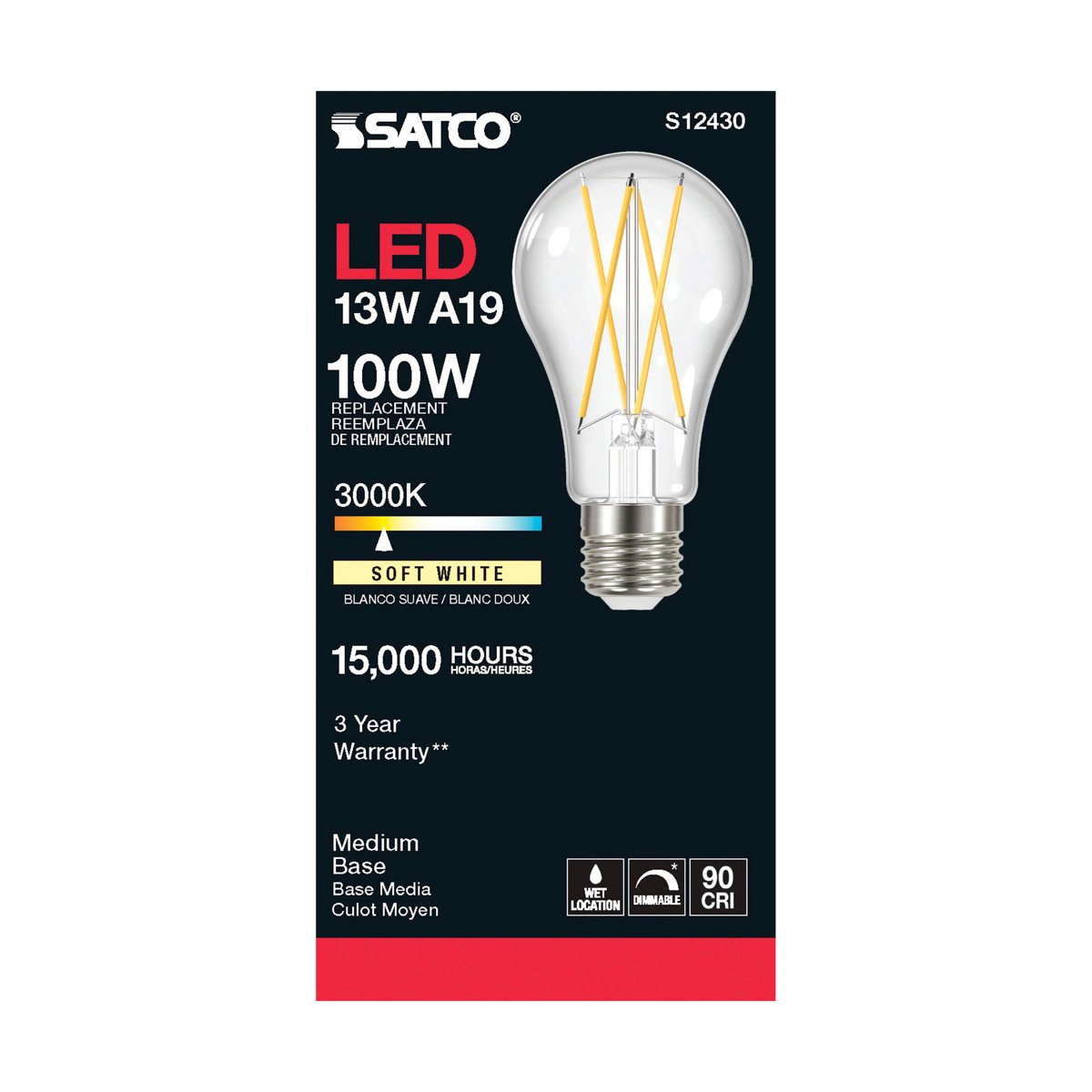 SATCO-NUVO Satco S12430 LED A19 Bulb 12.5 Watt Medium Base 3000K
