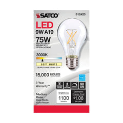 SATCO-NUVO Satco S12423 10.5 Watt LED A19 Lamp - Clear Medium Base 3000K 90 CRI 120 Volts