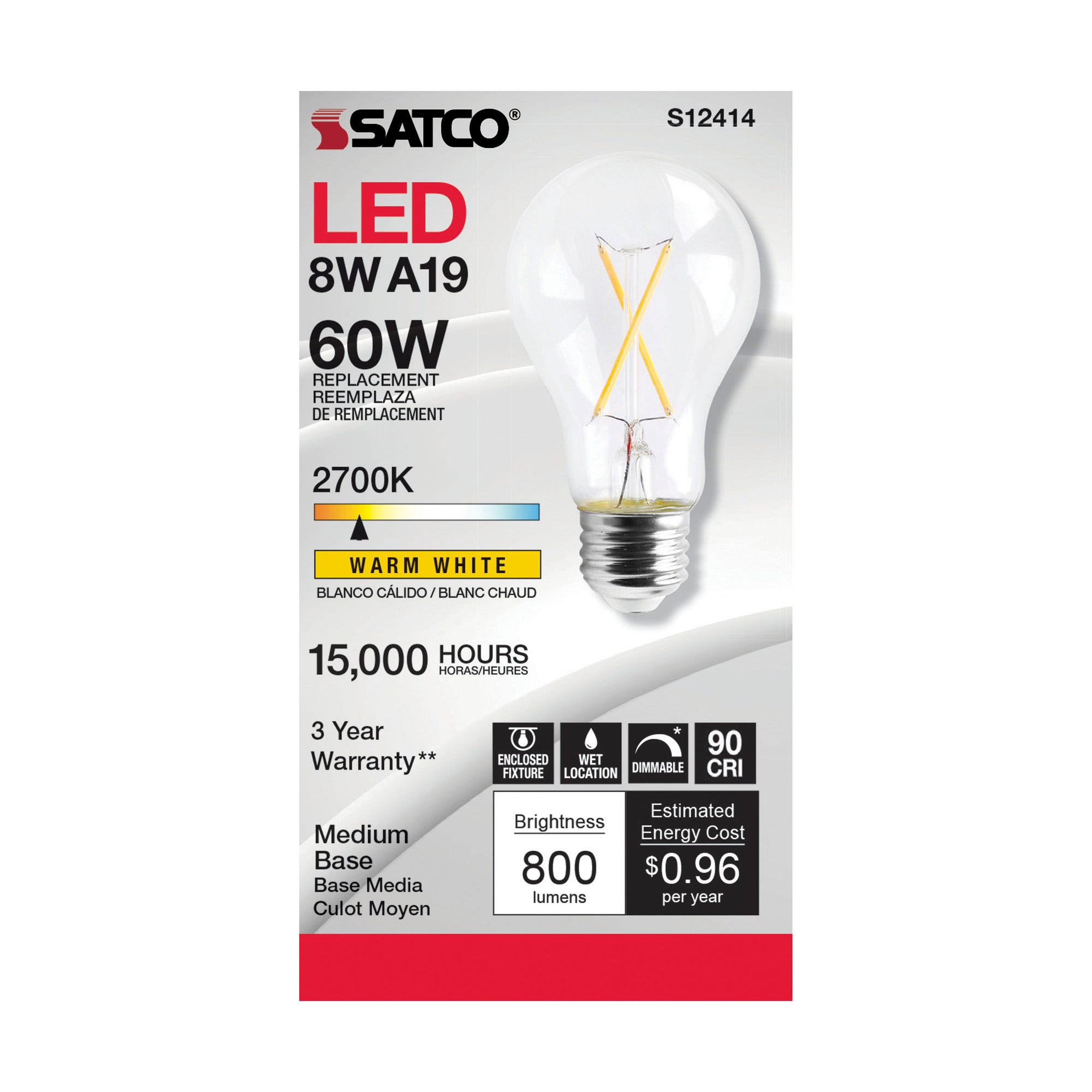 SATCO-NUVO Satco S12414 8 Watt LED A19 Medium Base 2700K