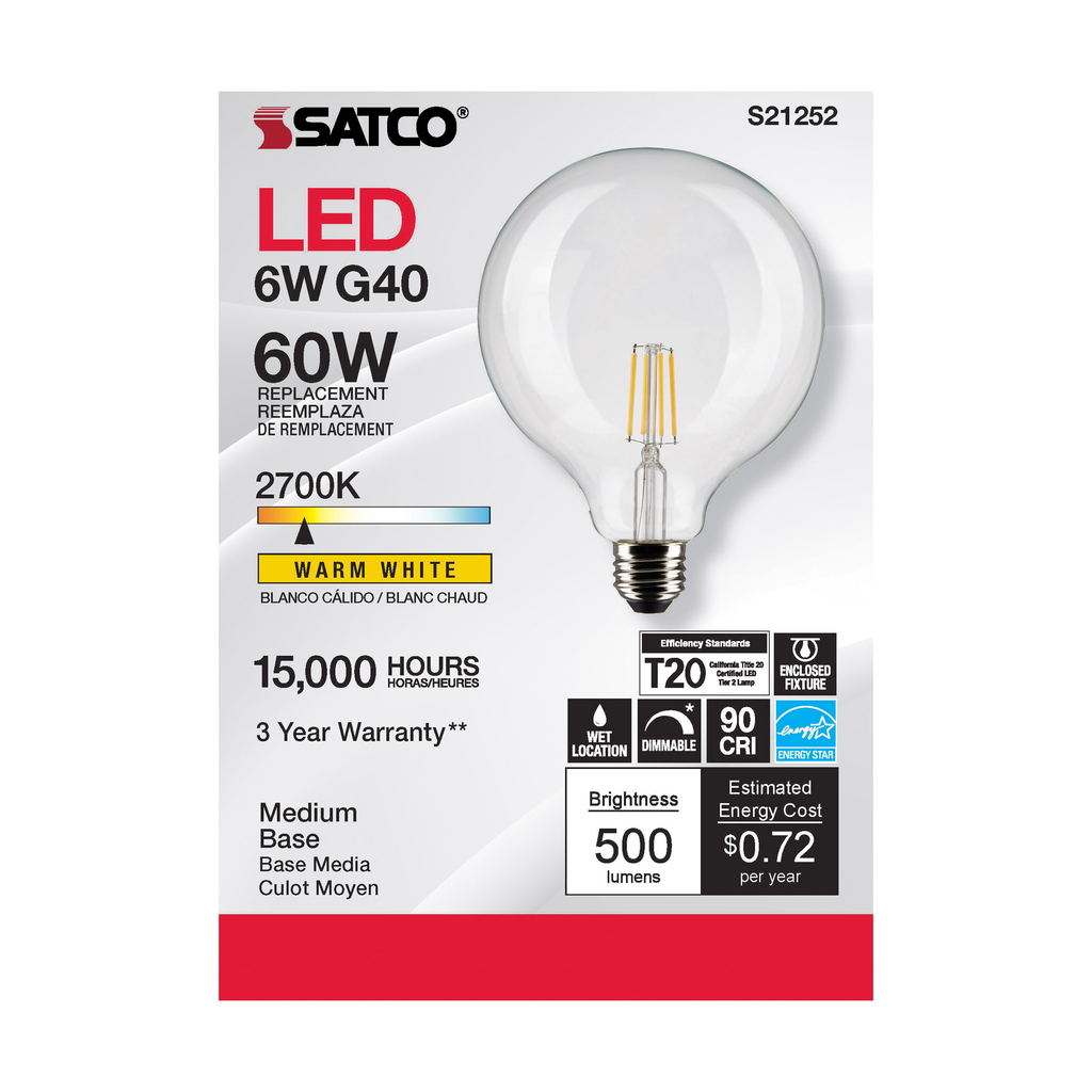 SATCO-NUVO Satco S21252 SATCO S21252 6G40/CL/LED/E26/927/12