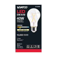 SATCO-NUVO Satco S12409 5 Watt LED A19 Clear Medium Base 3000K 90 CRI 120 Volt