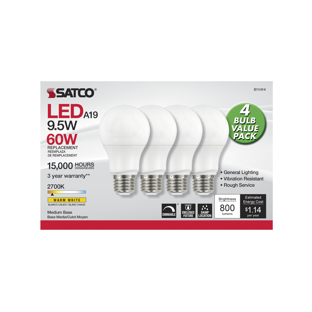 SATCO-NUVO Satco S11414 9.5 Watt A19 LED 2700K Dimmable 4-Pack