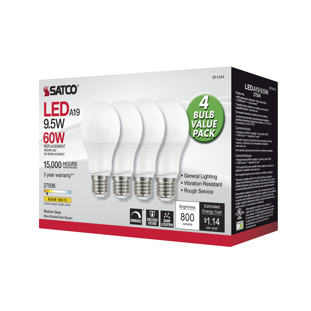 SATCO-NUVO Satco S11414 9.5 Watt A19 LED 2700K Dimmable 4-Pack