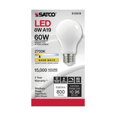 SATCO-NUVO Satco S12419 LED A19 Lamp 8.2 Watt 2700K Medium Base