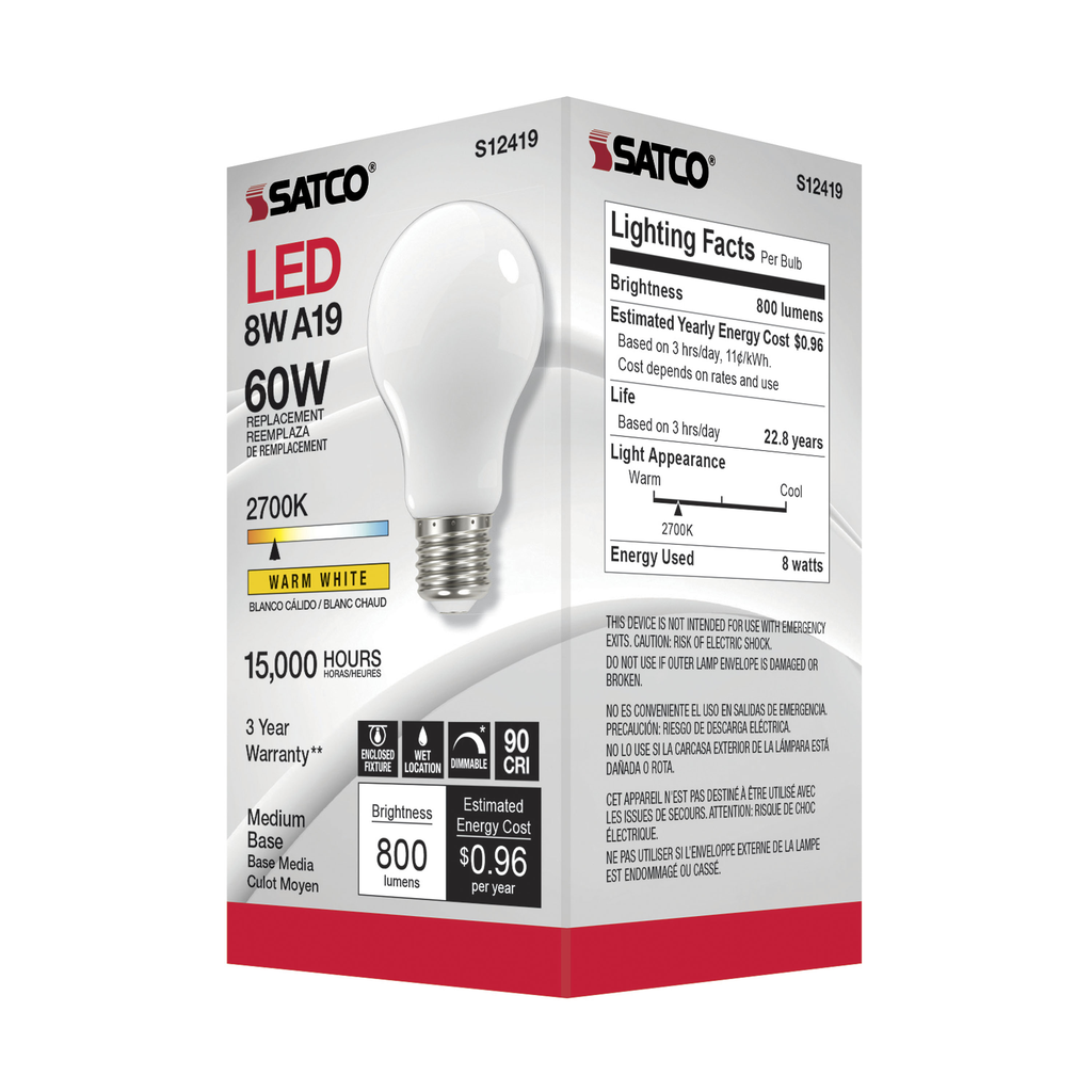 SATCO-NUVO Satco S12419 LED A19 Lamp 8.2 Watt 2700K Medium Base