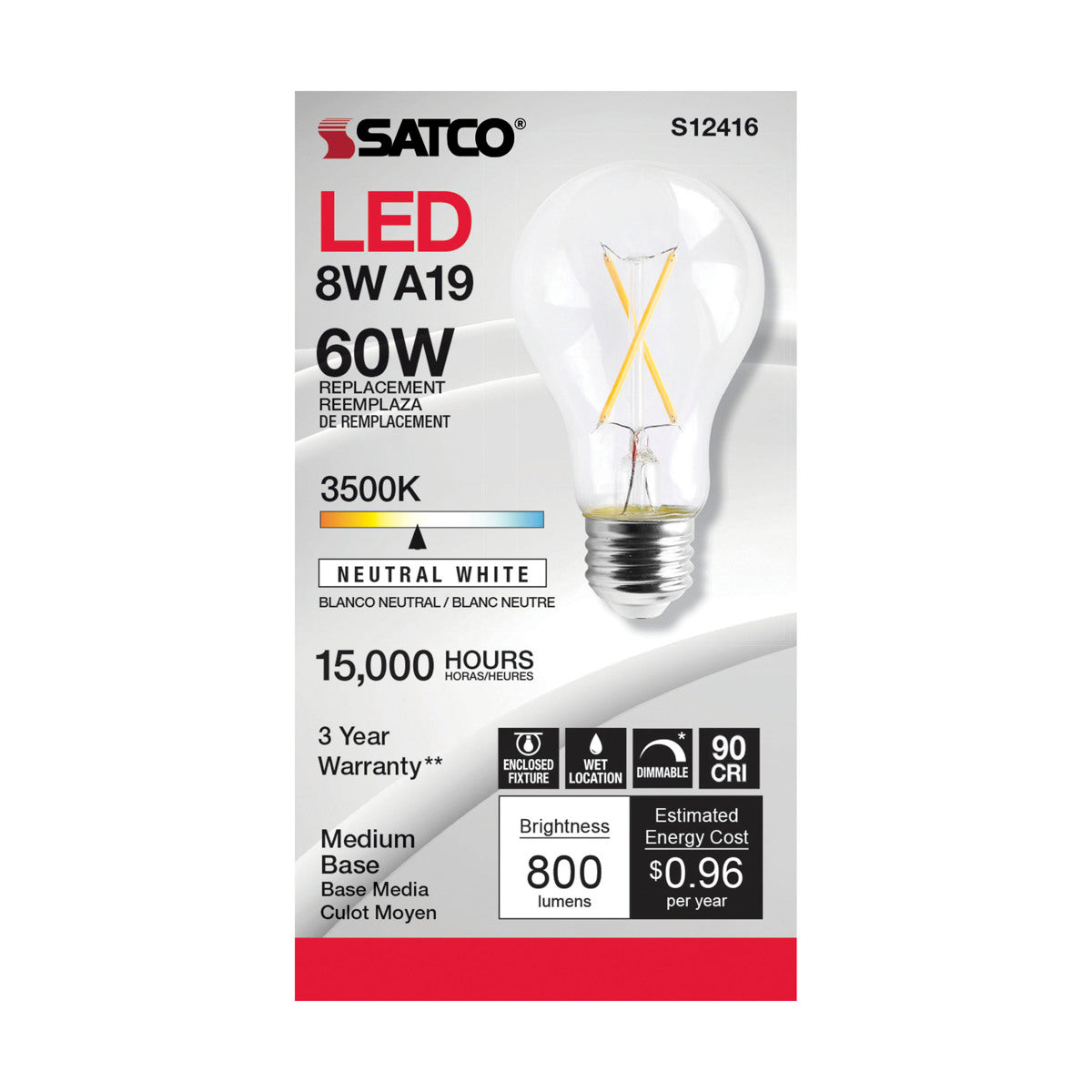 SATCO-NUVO Satco S12416 8 Watt LED A19 3500K Medium Base