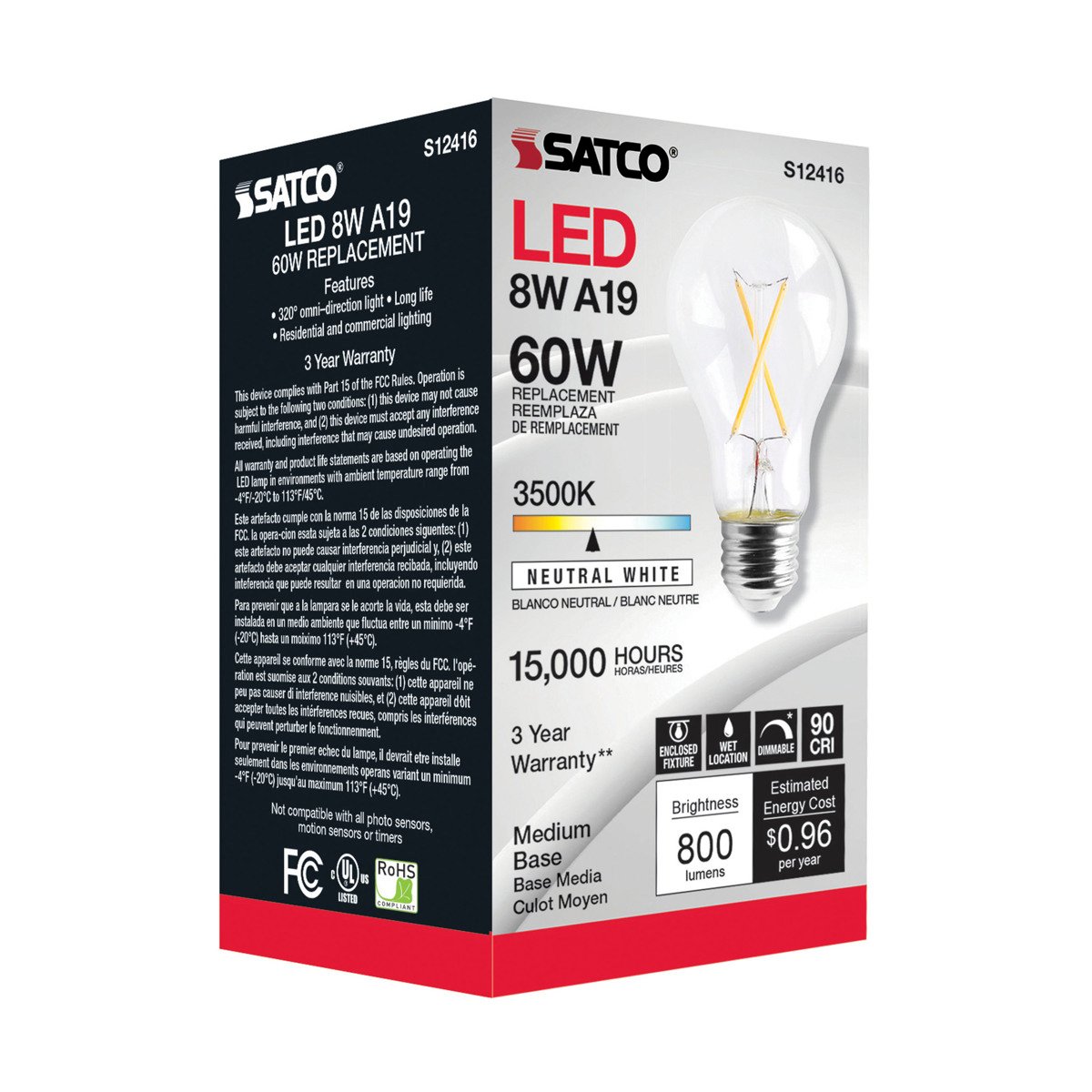SATCO-NUVO Satco S12416 8 Watt LED A19 3500K Medium Base