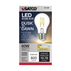 SATCO-NUVO Satco S11428 6.5 Watt A19 LED Dusk to Dawn With PhotoCell 2700K Medium Base