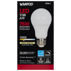 SATCO-NUVO Satco S29811 11 Watt A19 LED 3000K Medium Base 220 Beam Angle