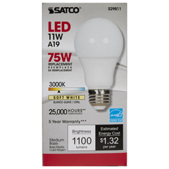 SATCO-NUVO Satco S29811 11 Watt A19 LED 3000K Medium Base 220 Beam Angle