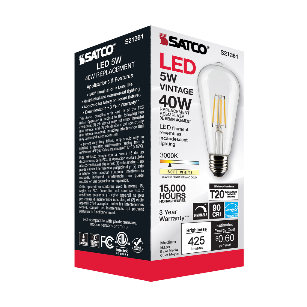 SATCO-NUVO Satco S21361 5 Watt ST19 LED Clear Medium Base 90 CRI 3000K 120 Volt