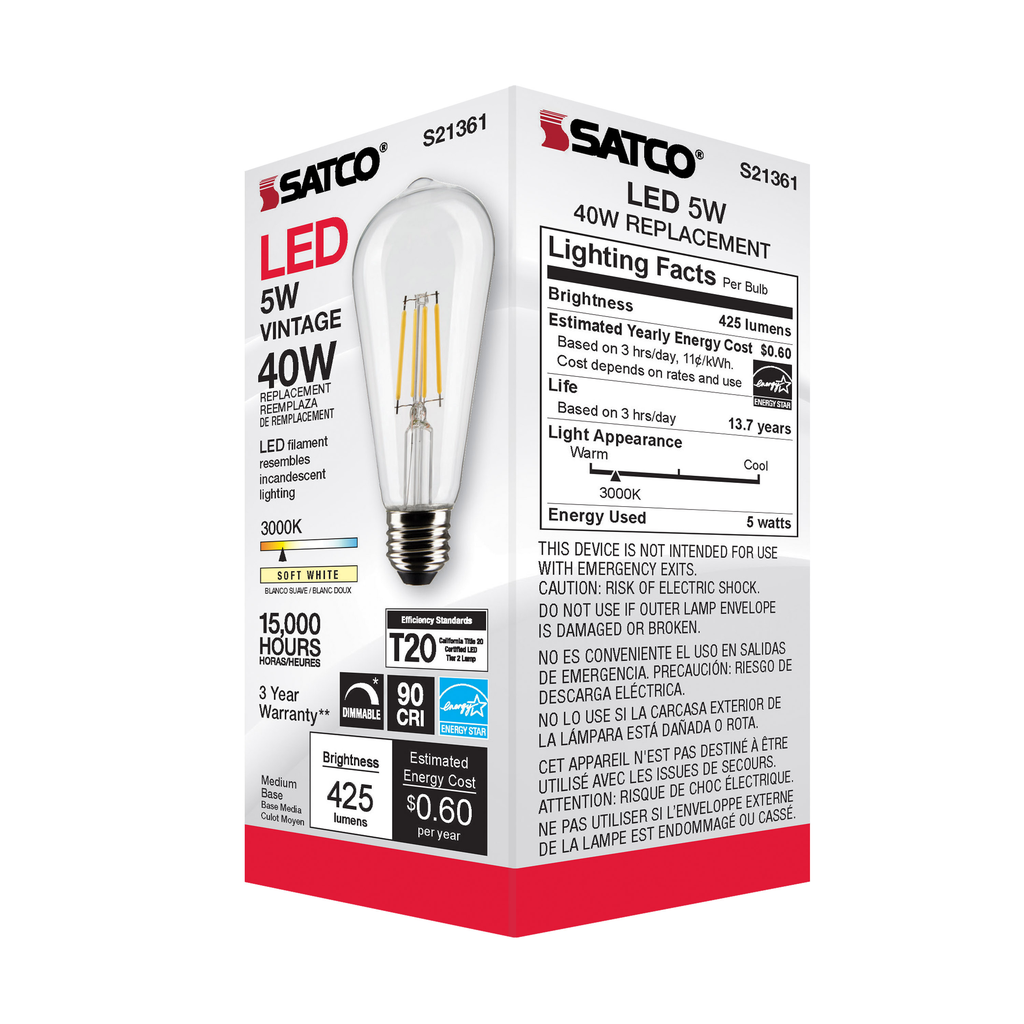 SATCO-NUVO Satco S21361 5 Watt ST19 LED Clear Medium Base 90 CRI 3000K 120 Volt