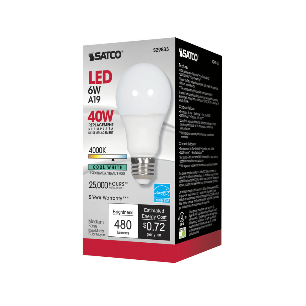 SATCO-NUVO Satco S29833 6 Watt A19 LED 4000K Medium Base 220 Beam Angle