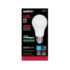 SATCO-NUVO Satco S29833 6 Watt A19 LED 4000K Medium Base 220 Beam Angle