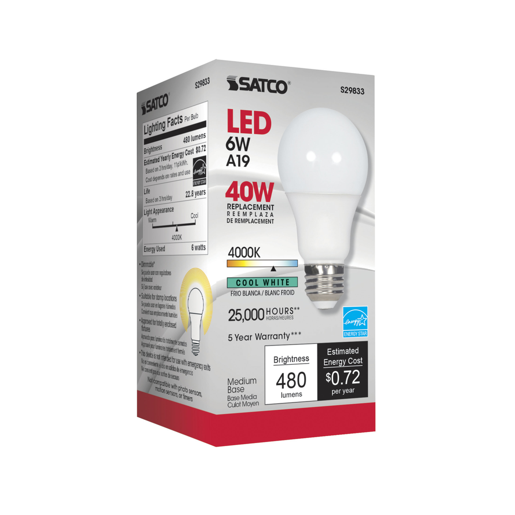 SATCO-NUVO Satco S29833 6 Watt A19 LED 4000K Medium Base 220 Beam Angle