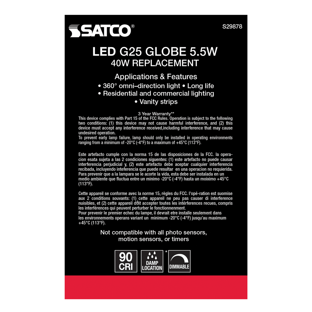 SATCO-NUVO Satco S29878 5.5 Watt G25 LED Clear Medium Base 2700K 500 Lumens 120 Volt