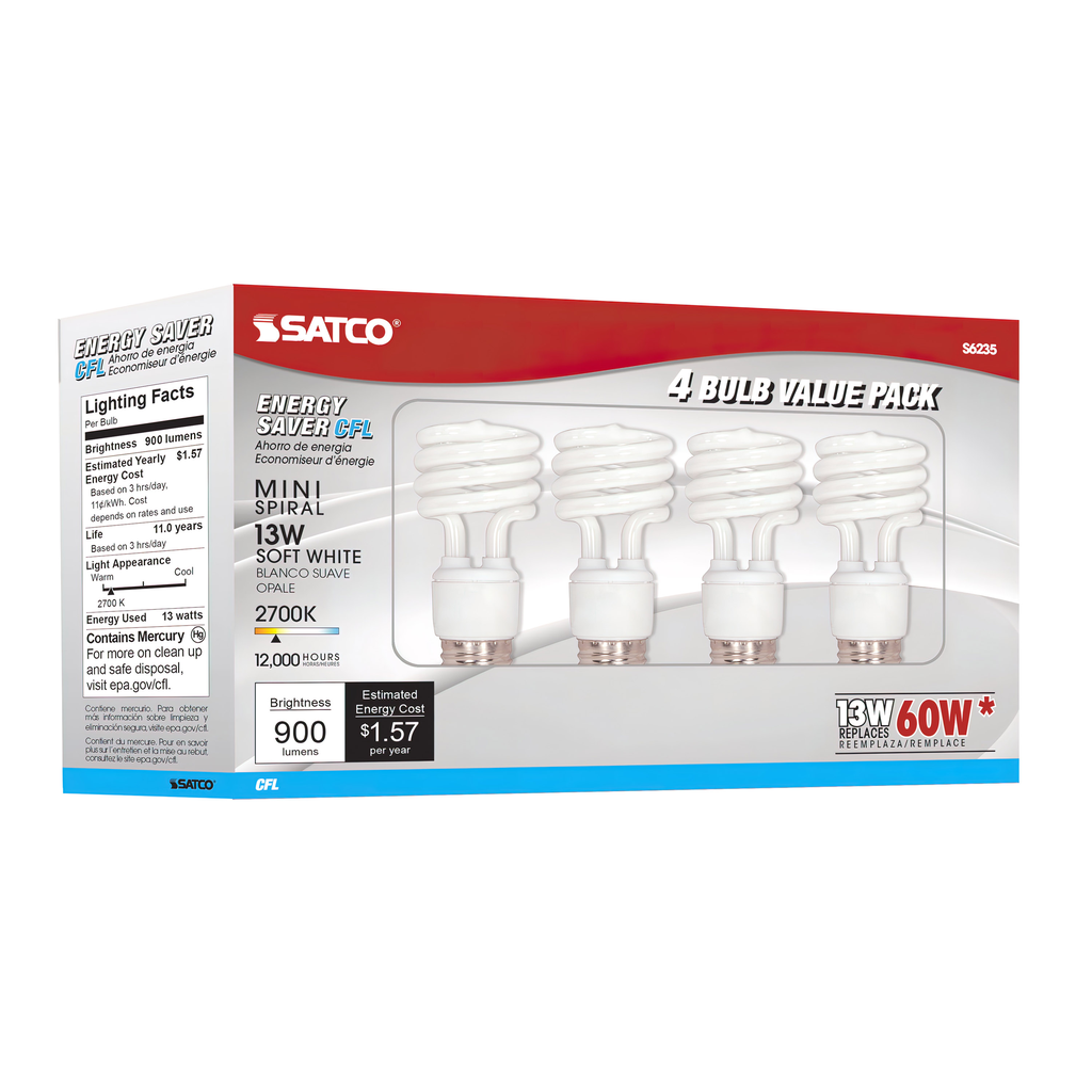SATCO-NUVO Satco S6235 Compact Fluorescent Spiral Lamp 13 WTT 4-Bulb Value Pack