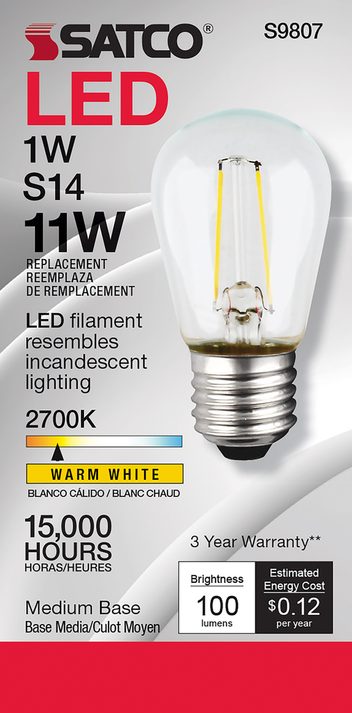 SATCO-NUVO Satco S9807 1 Watt LED S14 Clear Medium Base 2700K 120 Volt