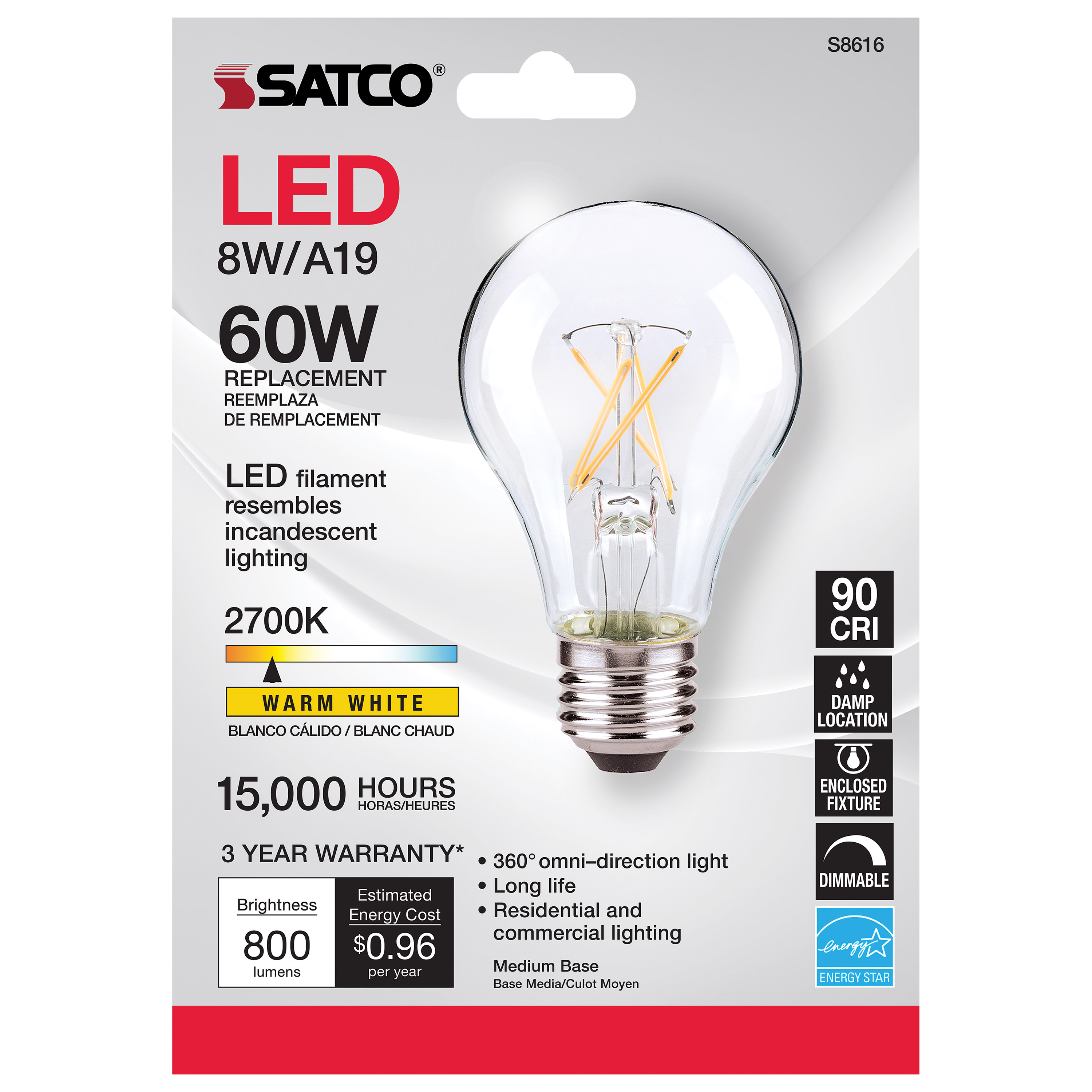 SATCO-NUVO Nuvo S8616 6.5 Watt A19 LED Clear Medium Base 2700K