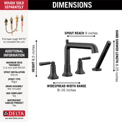 DELTA FAUCET Delta T4736-BL Roman Tub Trim with Hand Shower in Matte Black