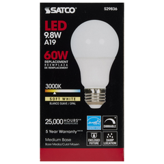 SATCO-NUVO Satco S29836 A19 LED 9.8 Watt 120 Volt Medium Base 3000K