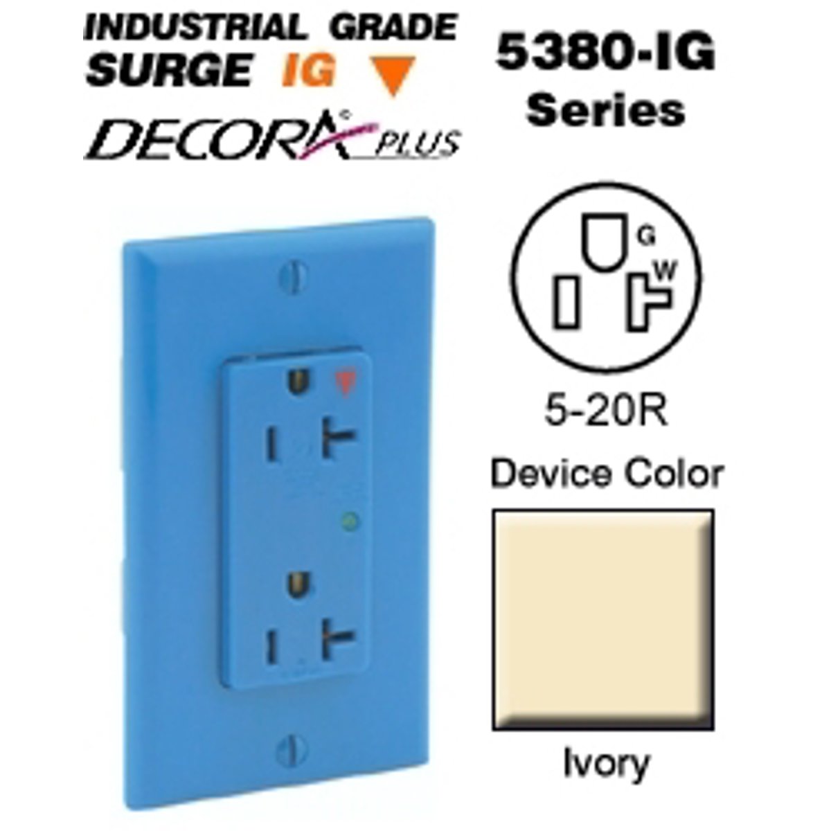 LEVITON Leviton 5380-IGI Receptacle Prot Srg 125VAC 20A 5KA Surf