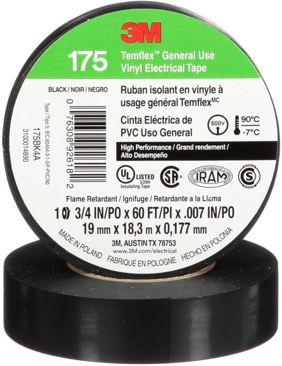 3M 3M 7100188506 Temflex Vinyl Electrical Tape 175 3/4 in x 60 ft