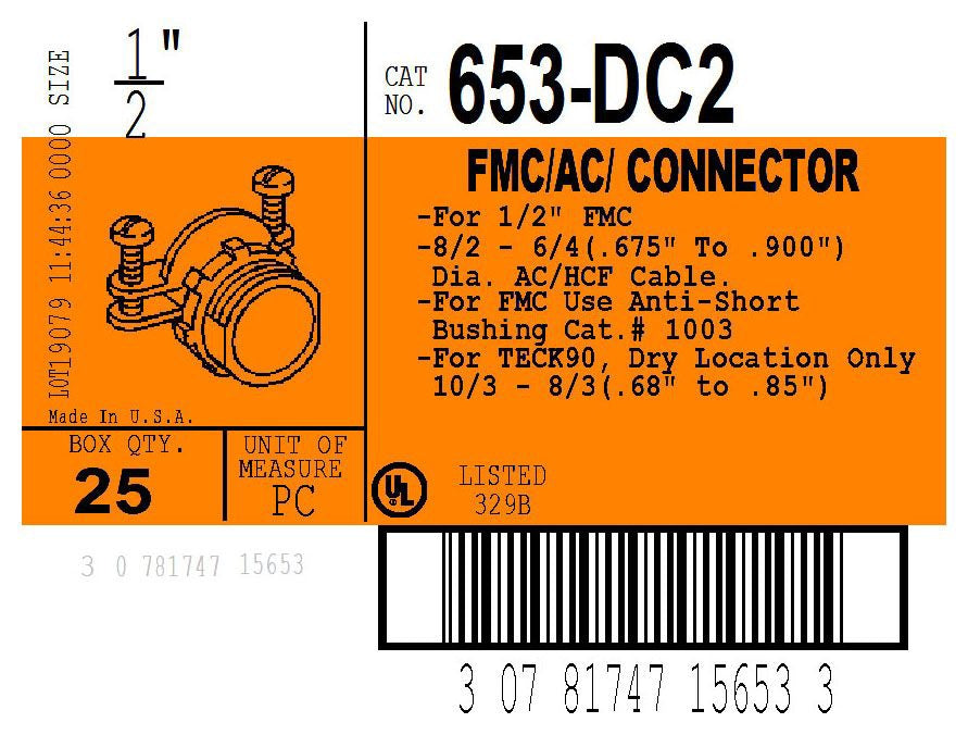 BRIDGEPORT Bridgeport 653-DC2 Connector, Strap, Two Screw, Zinc Die Cast, Size K.O. 1/2 Inch, AC Only