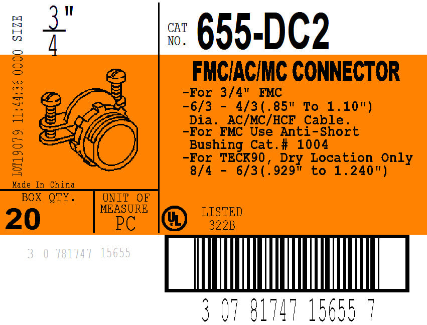 BRIDGEPORT Bridgeport 655-DC2 3/4 FMC Two Screw Strap Type Connector, Zinc Die Cast