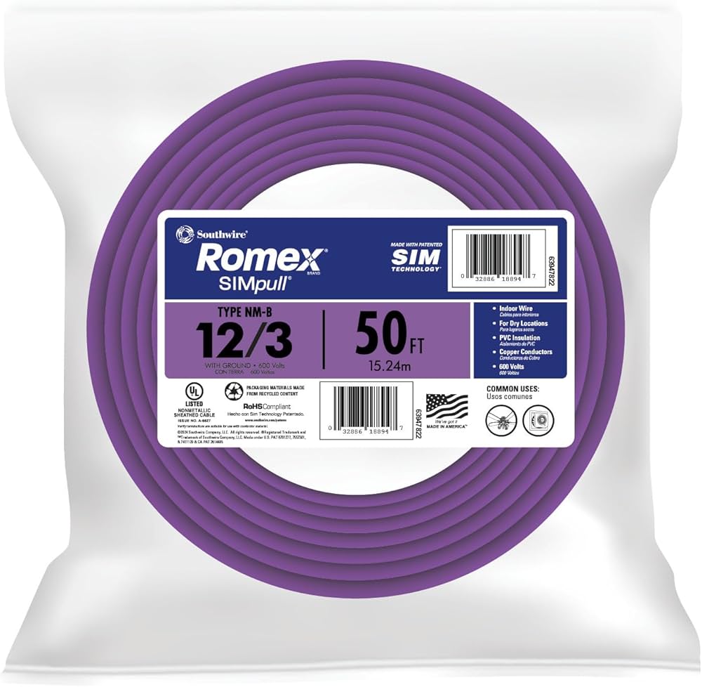 ROMEX ROMEX ROMEX12/3W/GRD250C ROMEX NM-B 12/3 Copper w/Ground Non-Metallic Sheathed Branch Circuit Cable 250ft Coil