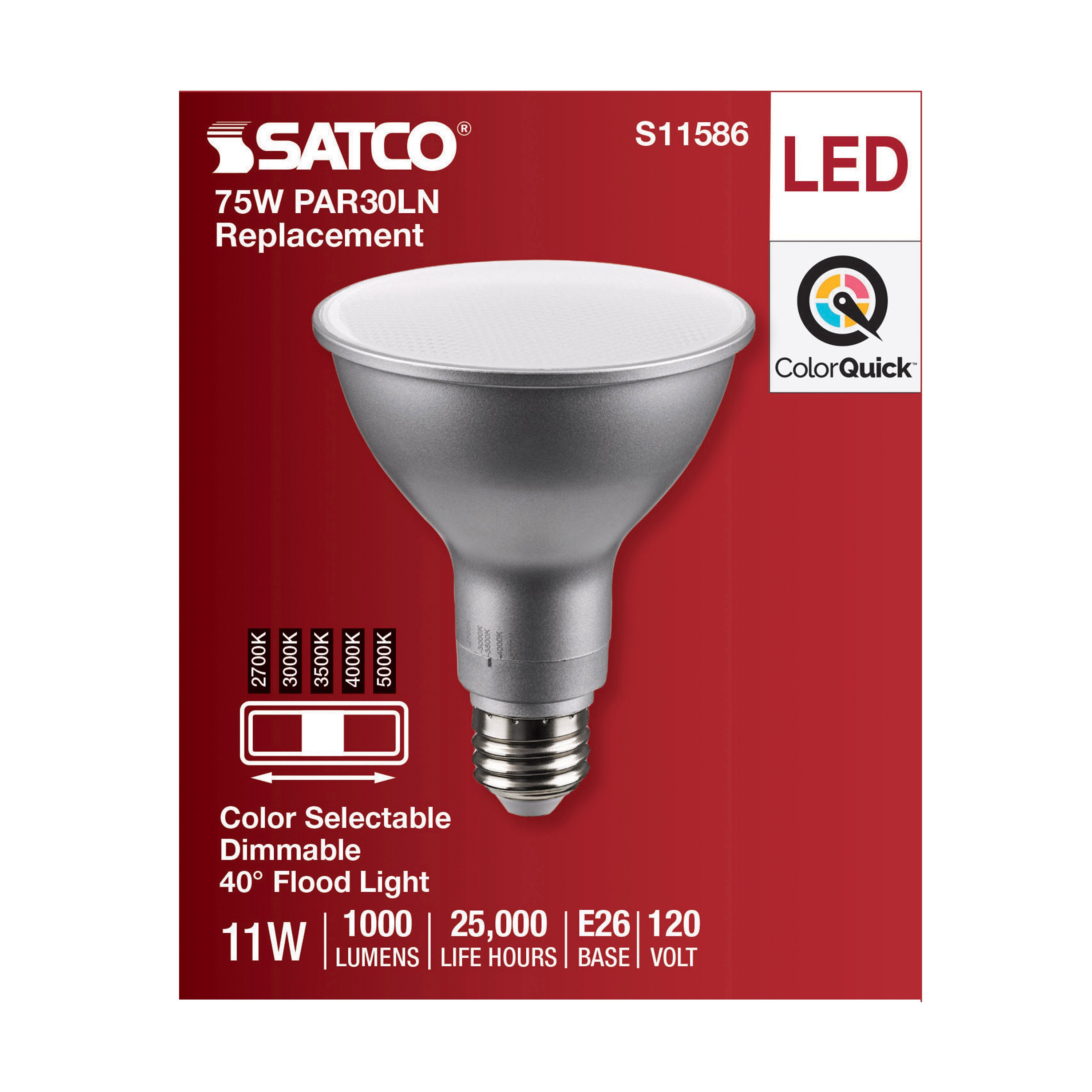 SATCO-NUVO SATCO S11586 PAR Lamp, 11 W, 75 W Incandescent Equivalent, E26 Medium Lamp Base LED Lamp, PAR30LN Shape, 1000 Lumens