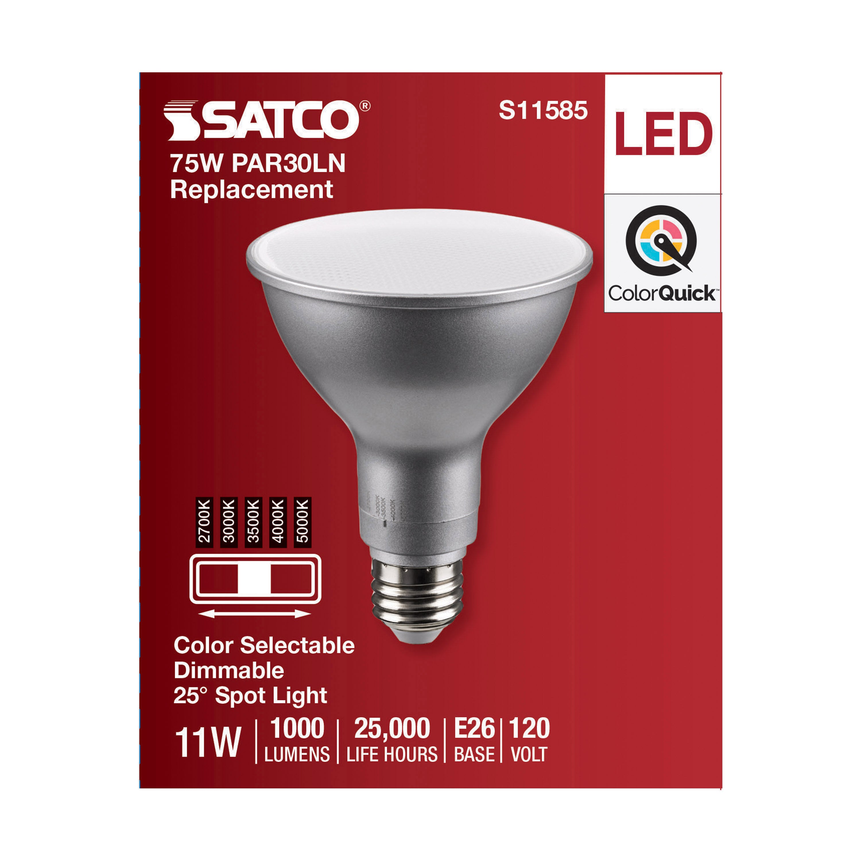 SATCO-NUVO SATCO S11585 PAR Lamp, 11 W, 75 W Incandescent Equivalent, E26 Medium Lamp Base LED Lamp, PAR30LN Shape, 1000 Lumens
