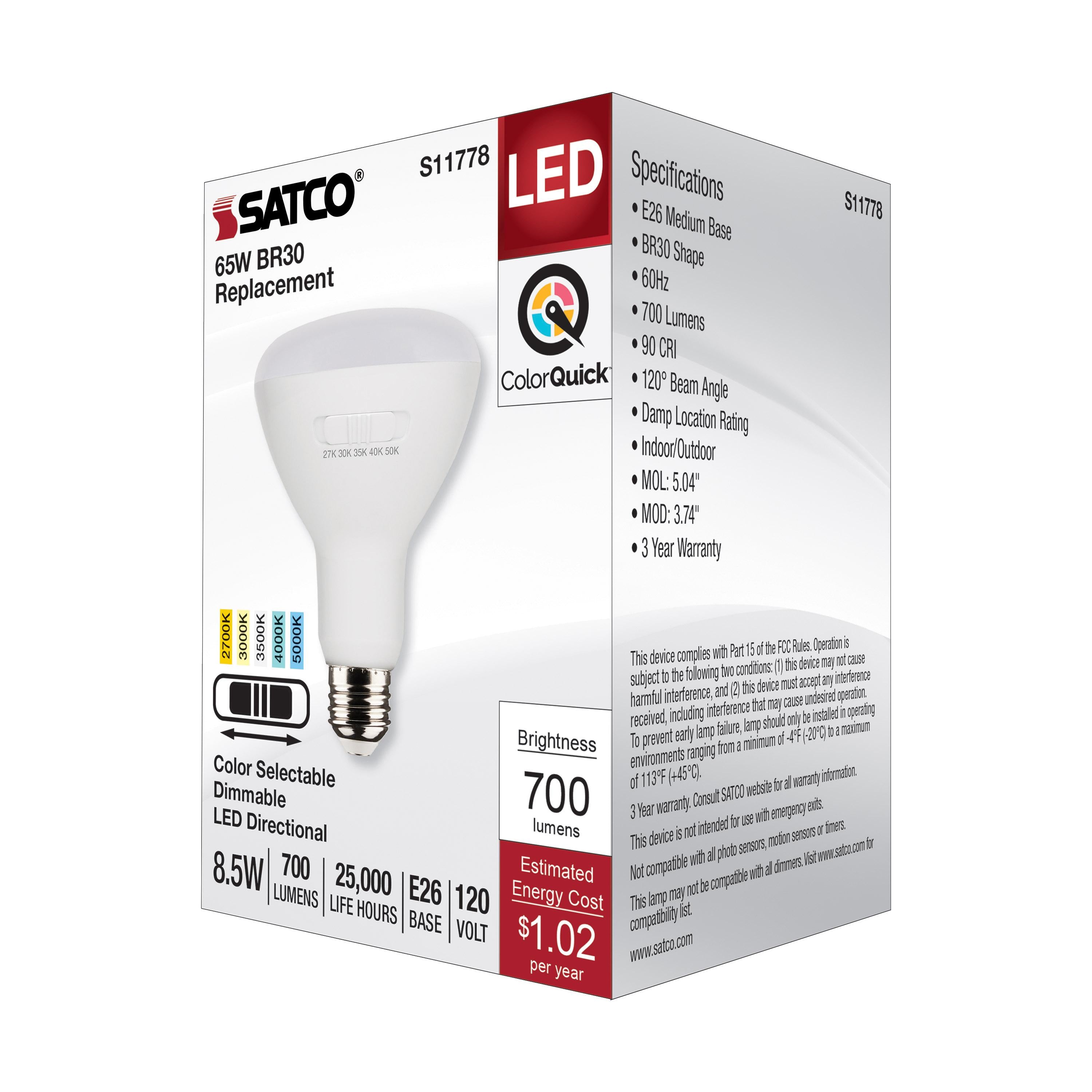 SATCO-NUVO SATCO S11778 Dimmable Lamp 8.5 W 65 W Incandescent Equivalent E26 Medium Lamp Base BR30 Shape