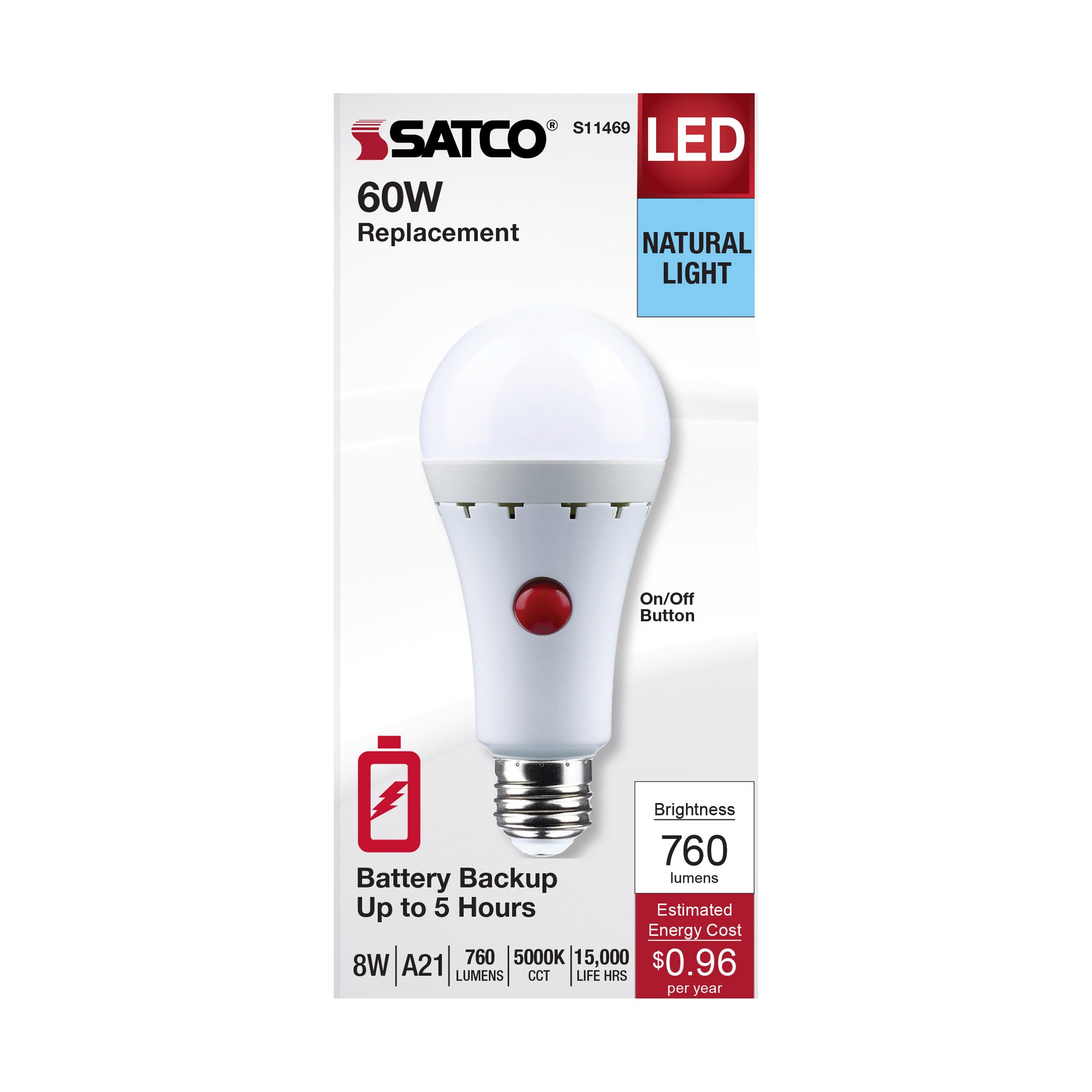 SATCO-NUVO SATCO S11469 Non-Dimmable Type A Lamp, 8 W, 60 W Incandescent Equivalent, E26 Medium Lamp Base, A21 Shape, 760 Lumens