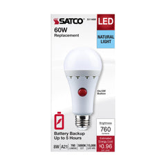 SATCO-NUVO SATCO S11469 Non-Dimmable Type A Lamp, 8 W, 60 W Incandescent Equivalent, E26 Medium Lamp Base, A21 Shape, 760 Lumens
