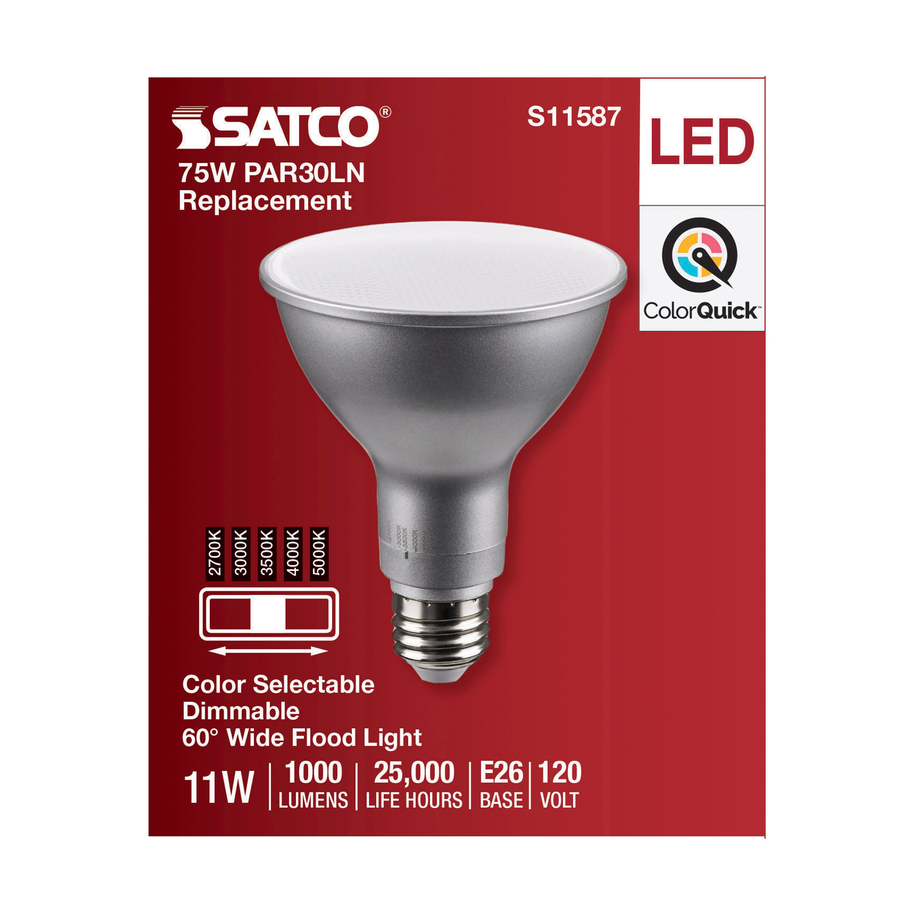 SATCO-NUVO SATCO S11587 PAR Lamp, 11 W, 75 W Incandescent Equivalent, E26 Medium Lamp Base LED Lamp, PAR30LN Shape, 1000 Lumens