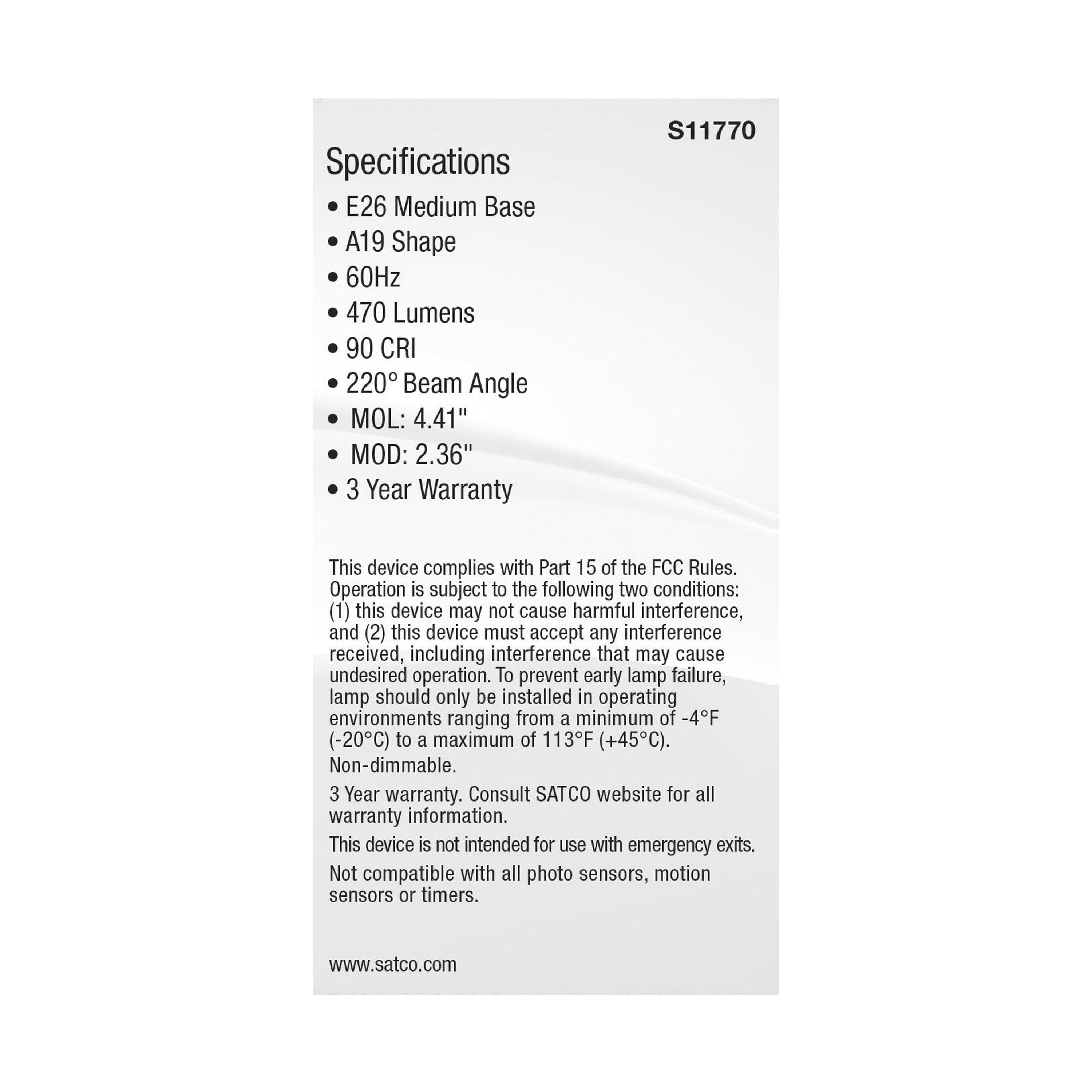 SATCO-NUVO SATCO S11770 Non-Dimmable Type A Lamp 6 W 40 W Incandescent Equivalent