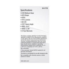SATCO-NUVO SATCO S11770 Non-Dimmable Type A Lamp 6 W 40 W Incandescent Equivalent