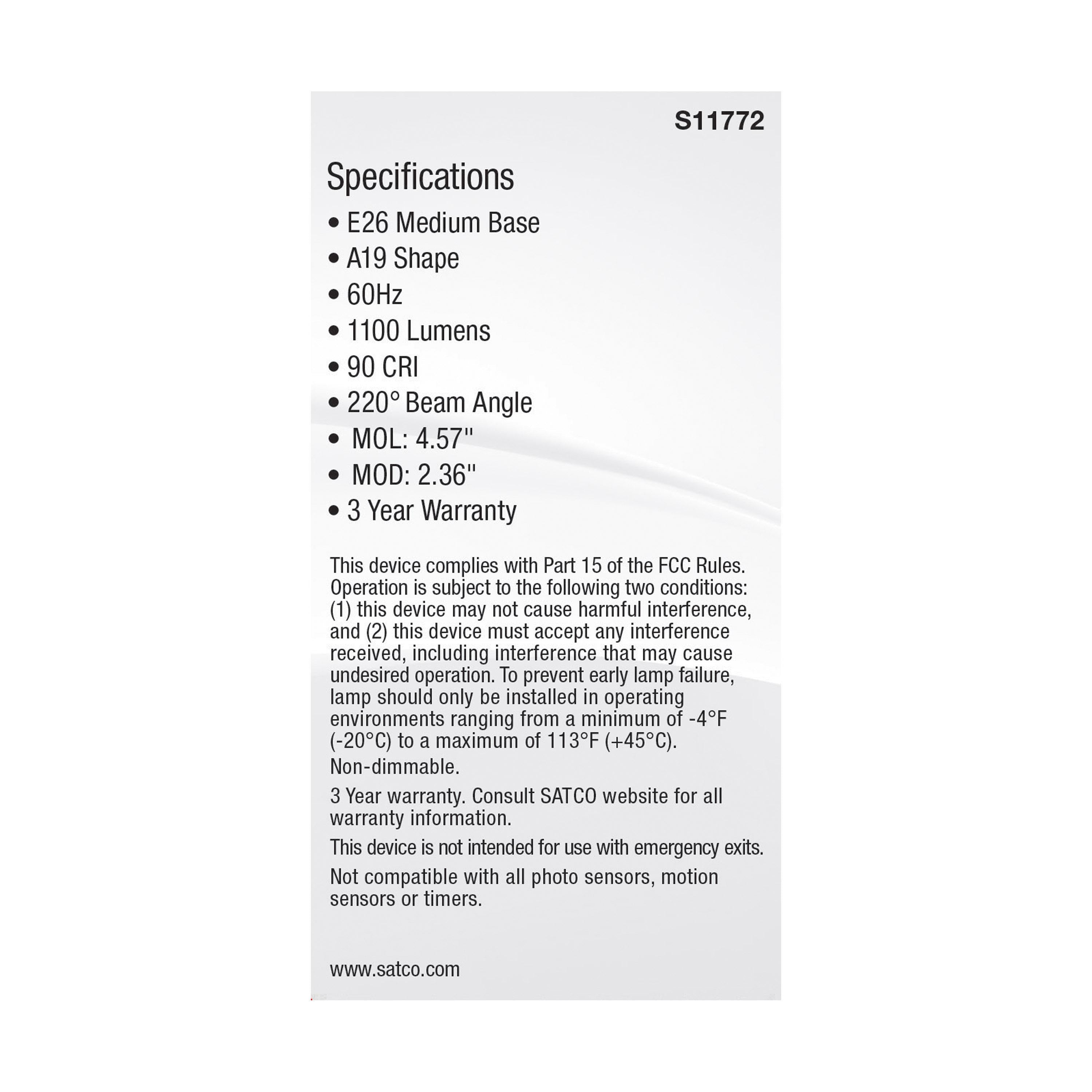 SATCO-NUVO SATCO S11772 Non-Dimmable Type A Lamp, 12 W, 75 W Incandescent Equivalent, E26 Medium Lamp Base, A19 Shape, 1100 Lumens