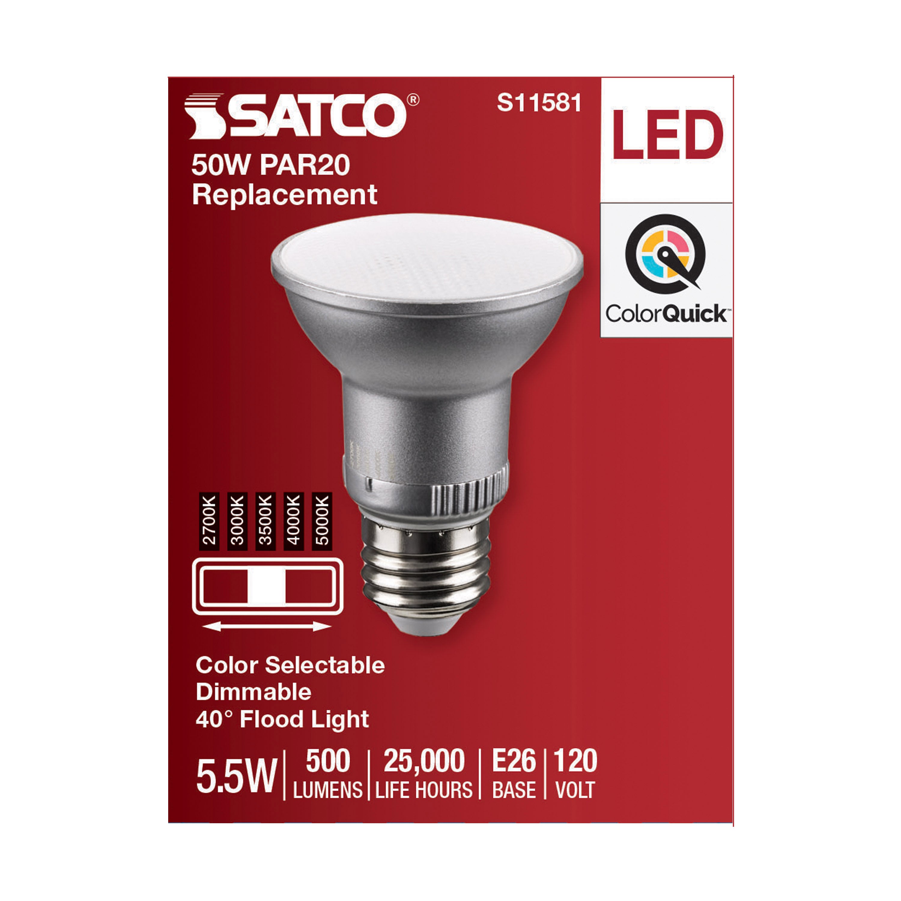 SATCO-NUVO SATCO S11581 PAR Lamp 5.5 W Incandescent Equivalent 50 W E26 Medium Lamp Base LED Lamp PAR20 Shape