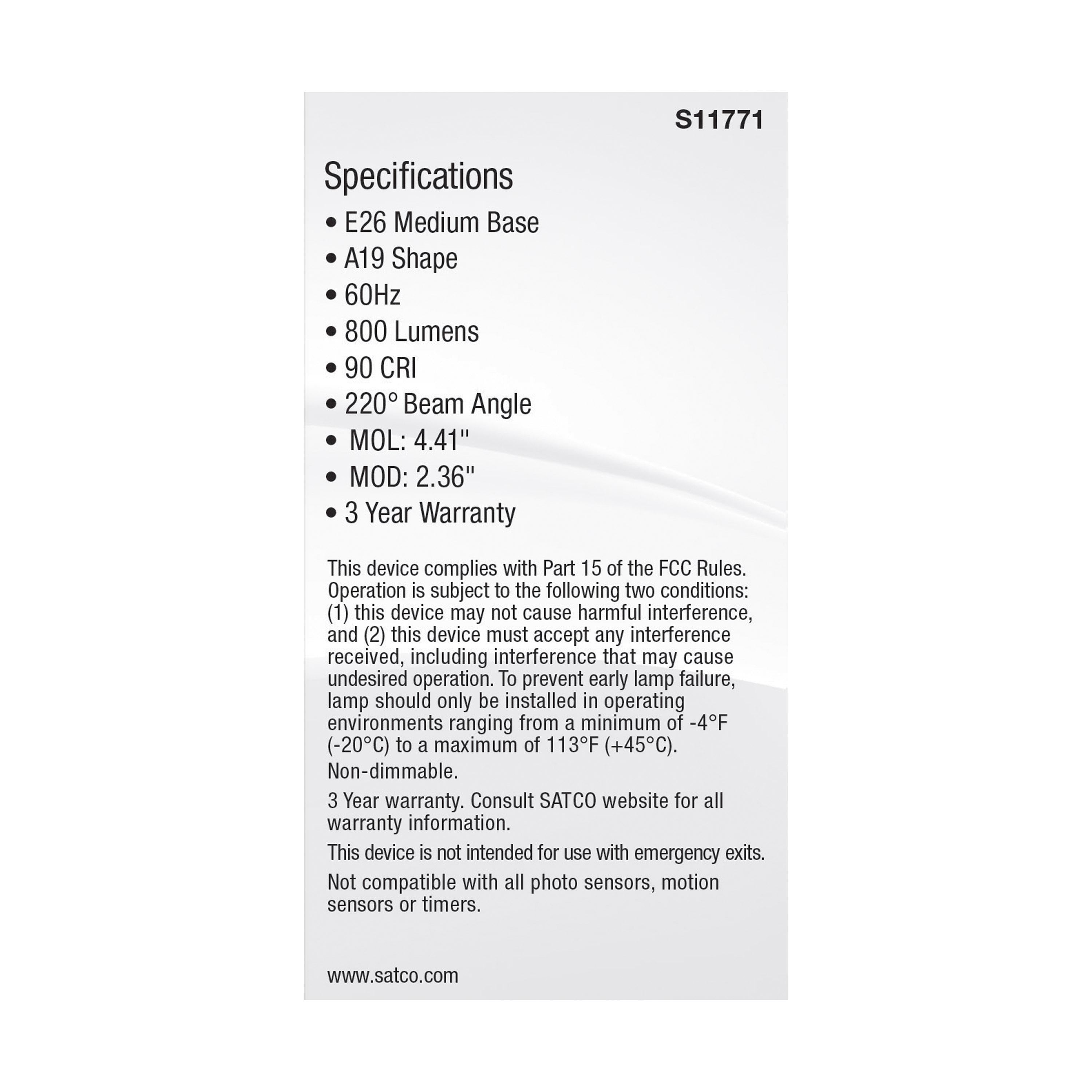 SATCO-NUVO SATCO S11771 Non-Dimmable Type A Lamp 9 W 60 W Incandescent Equivalent